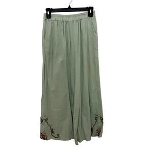 Womens Wide Leg Pants Palazzo Floral Embroidered Relaxed Lagenlook Green Sz S